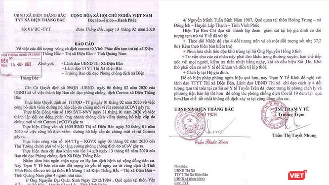 Văn bản báo cáo của y tế địa phương về trường hợp 4 lao động Vĩnh Phúc tại Quảng Nam