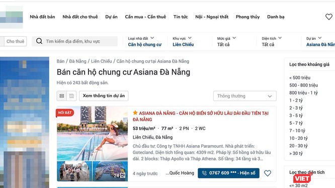 Bất chấp dự án Khu căn hộ Asiana chưa đủ điều kiện, các trang web vẫn rao bán