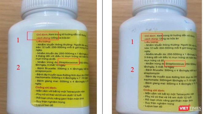 Thuốc Tetracyclin thật (hình bên trái) và giả. (Ảnh Cục quản lý Dược)