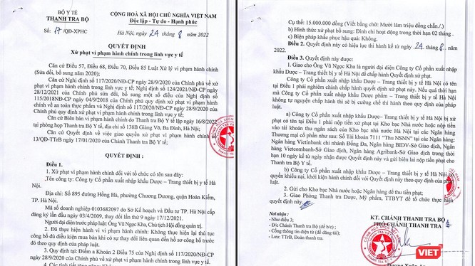 Quyết định xử phạt hành chính của Thanh tra Bộ Y tế đối với Công ty CP XNK Dược-Trang thiết bị y tế Hà Nội 