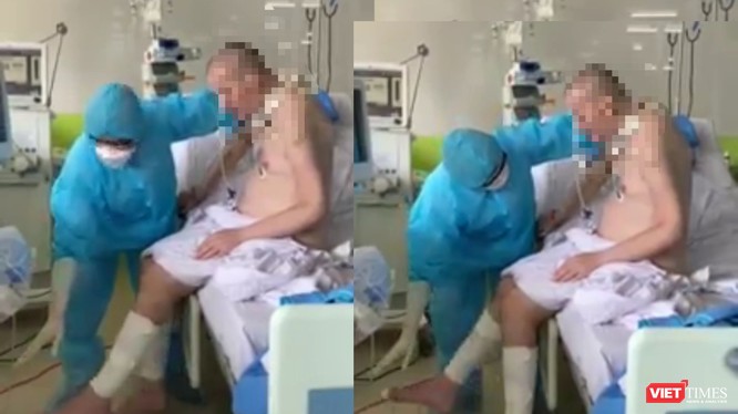 Những hình ảnh mới nhất cho thấy bệnh nhân 91 đã có thể ngồi dậy, đung đưa chân, bắt đầu tập ăn qua đường tiêu hóa (Ảnh cắt từ clip) 