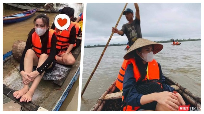 Ca sĩ Thuỷ Tiên lặn lội về cứu trợ bà con vùng bão lũ (Ảnh: FBNV - Hoà Bình ghép) 