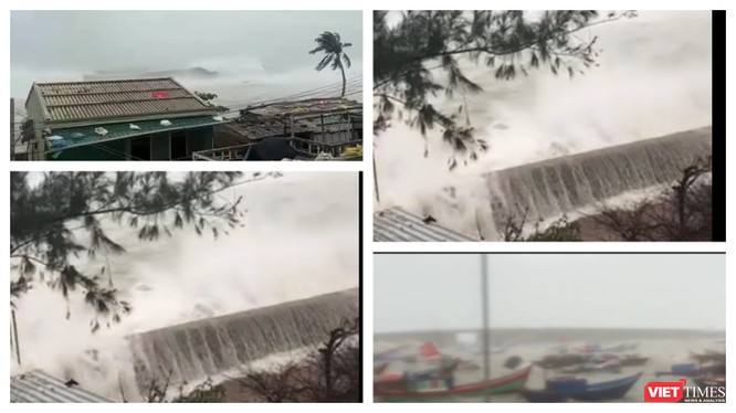 Cột sóng cao gần 10m đập vào đảo Lý Sơn sáng nay 28/10 (Ảnh: Hoà Bình ghép từ video clip) 