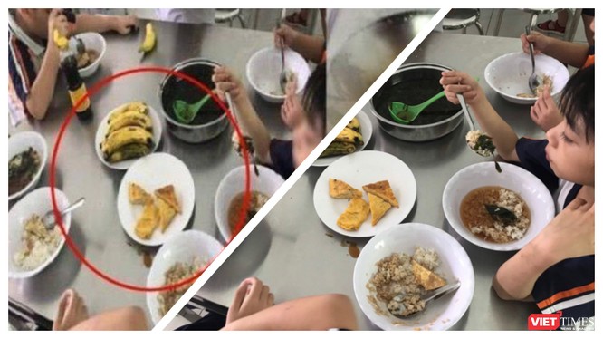 Bữa trưa bán trú của học sinh Trường Tiểu học Trần Thị Bưởi bị phản ứng dữ dội vì quá ít dinh dưỡng và nhiều thực phẩm không đảm bảo an toàn đã được nhập vào bếp ăn (Ảnh: HB ghép)