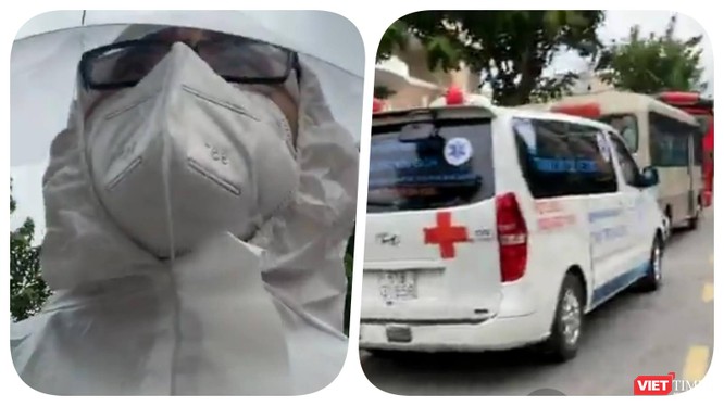 Đoàn vận chuyển người bệnh đi cách ly điều trị bị ùn tắc bên ngoài Bệnh viện Dã chiến - Ảnh: Hoà Bình chụp màn hình video