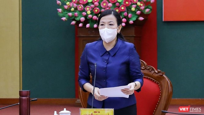 Bà Nguyễn Thanh Hải tại Hội nghị trực tuyến về công tác phòng, chống dịch COVID-19.