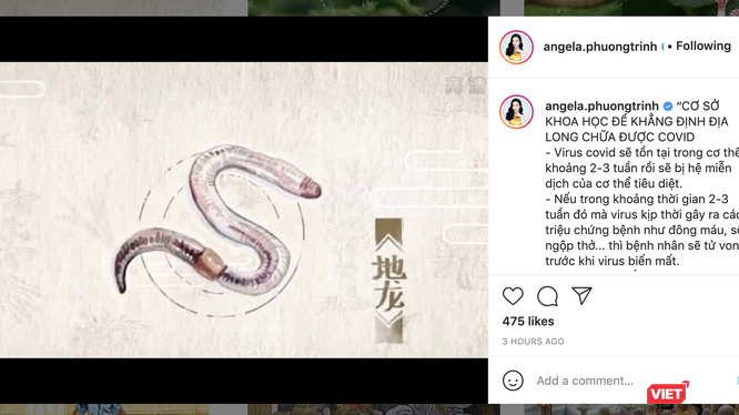 Angela Phương Trinh quảng cáo địa long chữa được COVID-19 trên instagram (Ảnh - VT) 