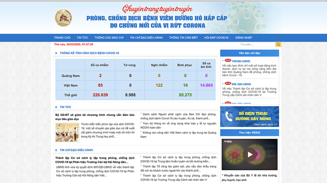 Giao diện Trang tin điện tử của Ban Chỉ đạo phòng, chống dịch bệnh COVID-19 tỉnh Quảng Nam.