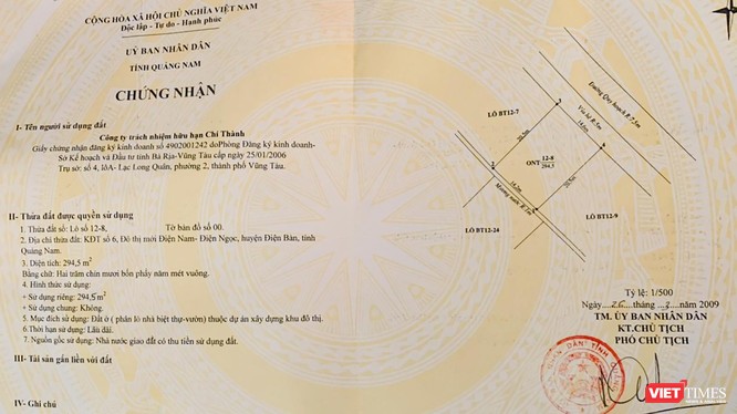Một sổ đỏ có ghi nợ tiền sử dụng đất được tỉnh Quảng Nam cấp cho Công ty TNHH Chí Thành tại Khu đô thị số 6 và Khu đô thị số 11 thuộc Khu đô thị mới Điện Nam – Điện Ngọc