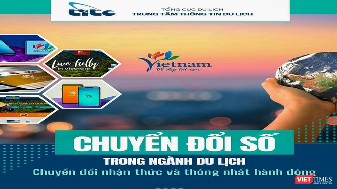 Trang bìa của cẩm nang hướng dẫn chuyển đổi số trong ngành du lịch mang chủ đề "Chuyển đổi nhận thức và thống nhất hành động” 