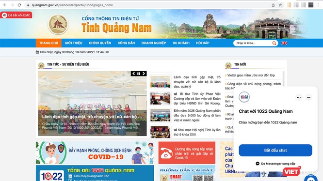 Ứng dụng chatbot 1022 được kích hoạt trên nền tảng website Cổng thông tin điện tử tỉnh Quảng Nam