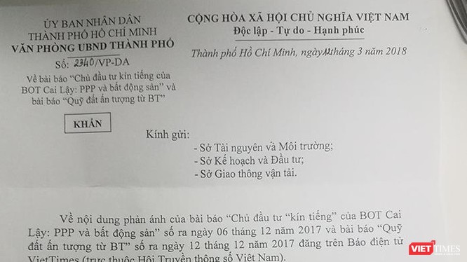 Công văn số 2340/VP-DA ngày 12/3/2018 của Văn phòng Ủy ban Nhân dân Thành phố Hồ Chí Minh.