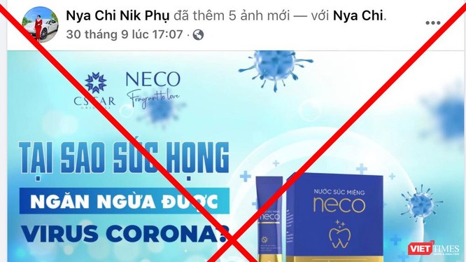 Bài viết quảng cáo sản phẩm súc họng Neco chặn COVID (Ảnh - VT) 