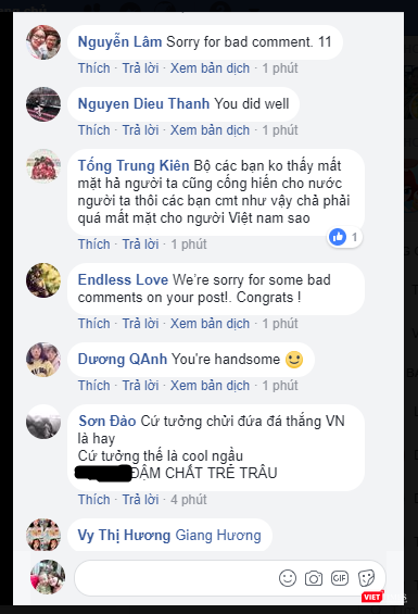 Song song với những bình luận bất lịch sự, cộng đồng mạng xã hội Việt Nam cũng có nhiều đại diện hiểu biết, bày tỏ sự xin lỗi và nhắc nhở các tài khoản quá khích.