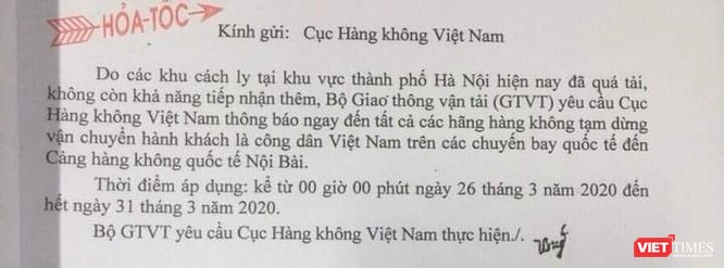 Nội dung công văn hỏa tốc của Bộ Giao thông vận tải gửi Cục Hàng không Việt Nam.