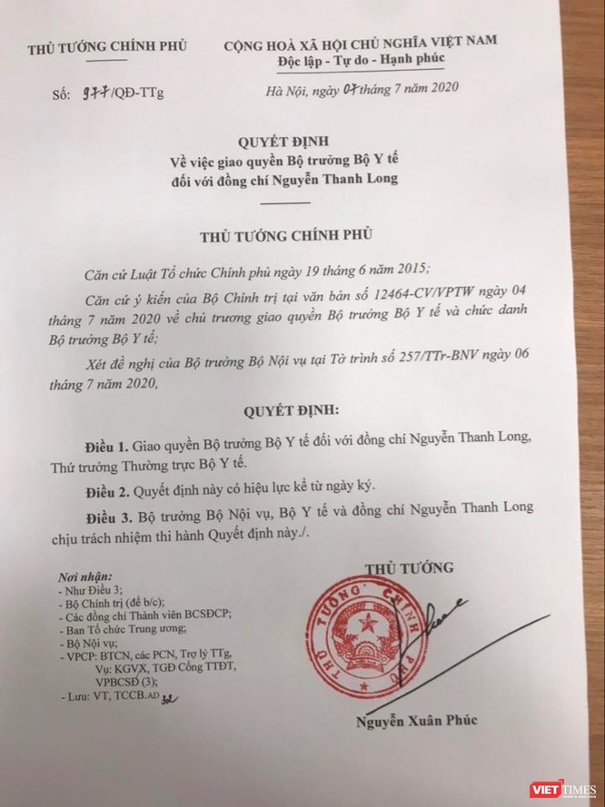 Quyết định của Thủ tướng giao quyền Bộ trưởng Bộ Y tế cho Thứ trưởng Thường trực Nguyễn Thanh Long