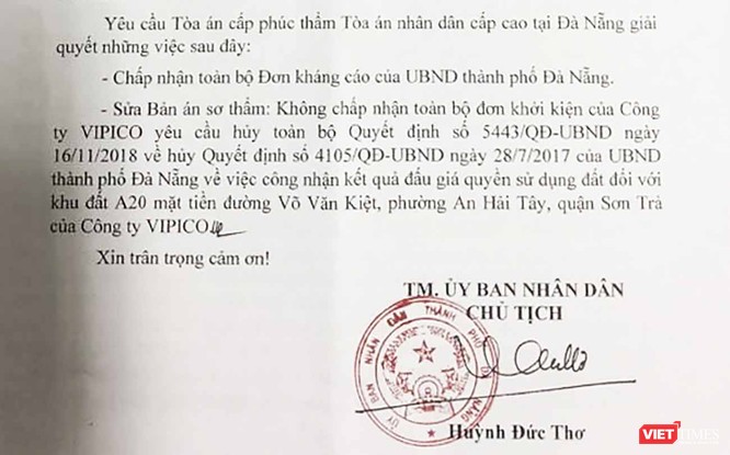 Thua kiện, Đà Nẵng kháng cáo bản án sơ thẩm trong vụ kiện đấu giá lô đất A20 của Vipico ảnh 1