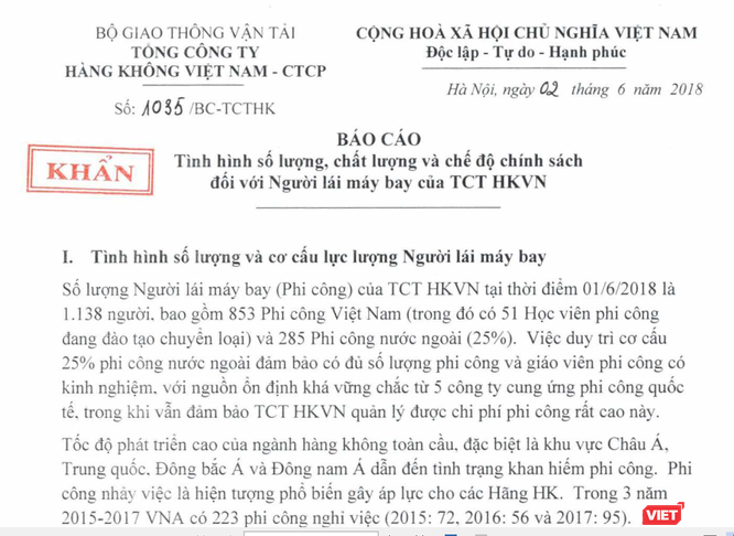 Báo cáo “khẩn” của Vietnam Airlines về tình hình và chế độ chính sách cho phi công ảnh 1