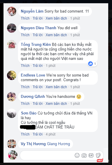 Song song với những bình luận bất lịch sự, cộng đồng mạng xã hội Việt Nam cũng có nhiều đại diện hiểu biết, bày tỏ sự xin lỗi và nhắc nhở các tài khoản quá khích.