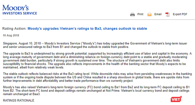 Vì sao Moody’s nâng hạng tín nhiệm lên Ba3, thay đổi triển vọng của Việt Nam thành “ổn định”? ảnh 1