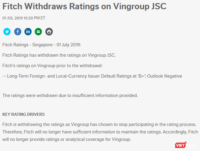 Vingroup dừng sử dụng dịch vụ xếp hạng tín nhiệm của Fitch Ratings ảnh 1