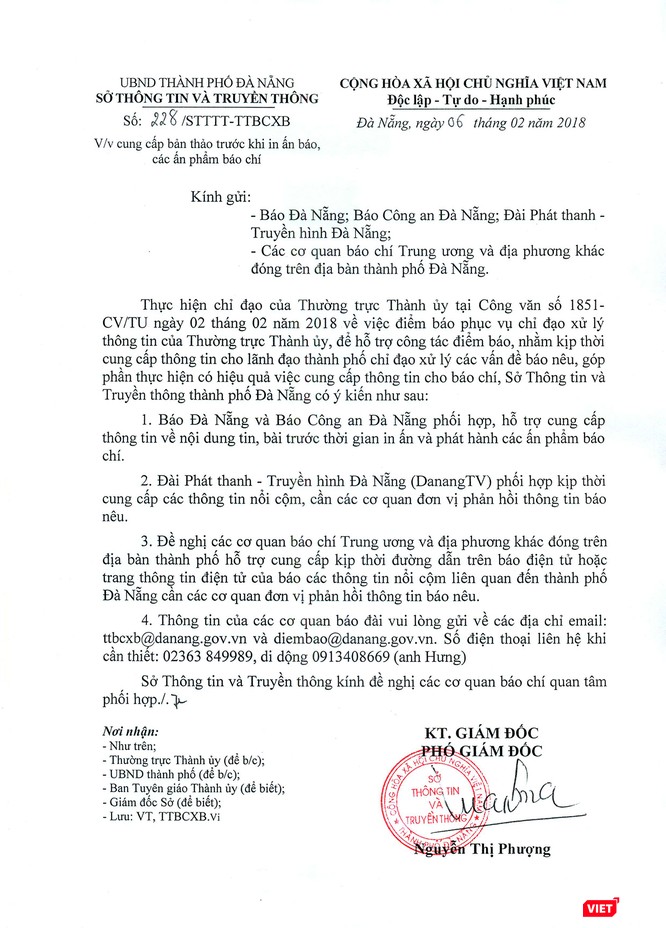 Công văn 228/STTTT-TTBCXB của Sở TT-TT TP Đà Nẵng