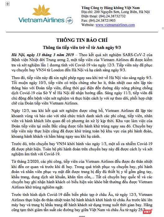 Một tiếp viên hàng không trên chuyến bay VN0054 dương tính với COVID-19 ảnh 1