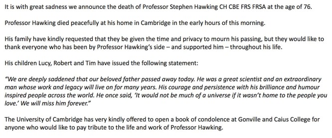 Thông báo về sự ra đi của giáo sư Stephen Hawkins được đại diện gia đình ông đăng tải. Nguồn: Twitter