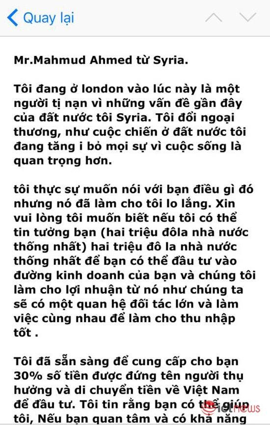 Tái diễn email lừa đảo chuyển 2 triệu USD từ Syria về Việt Nam ảnh 1