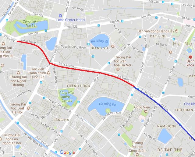 Đường màu đỏ là tuyến đường 2,2km Voi phục đến Hoàng Cầu chuẩn bị thi công, đoạn màu xanh Ô Chợ Dừa - Xã Đàn đã được mở rộng. (Ảnh Googlemap).