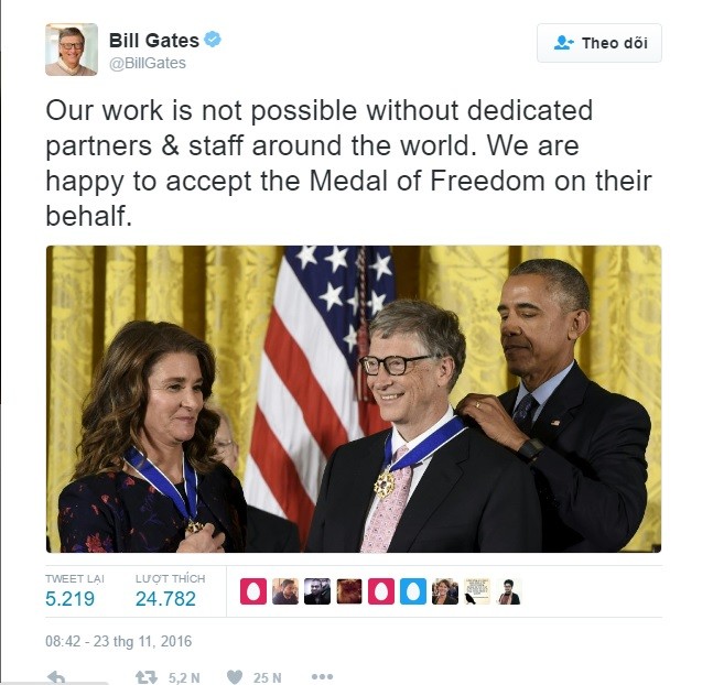 Vợ chồng Bill Gates nhận Huân chương Tự do của Tổng thống Mỹ ảnh 1