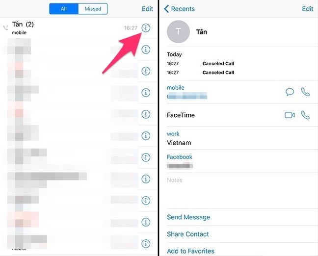 Trong mục Gần đây, muốn xem thông tin liên lạc phải chọn biểu tượng chữ