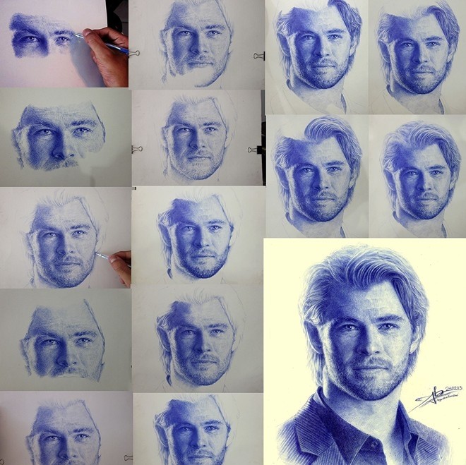 Hình ảnh này ghi lại quá trình hoàn thiện bức vẽ diễn viên nổi tiếng Chris Hemsworth.