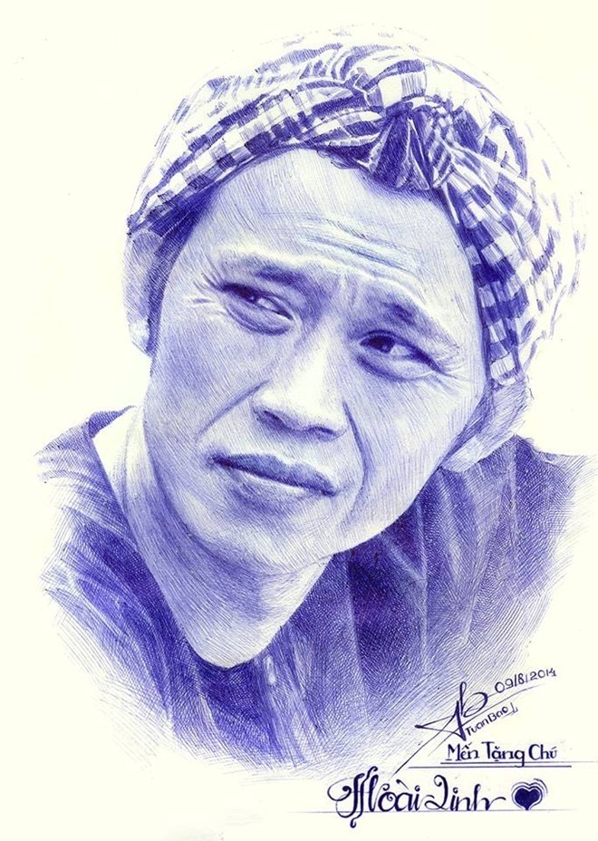 Tuấn Bảo rất hạnh phúc khi đã vẽ thành công thần tượng của mình, danh hài Hoài Linh, sau hơn 20 giờ đồng hồ. Đây hoàn toàn là Hoài Linh ảnh chụp 100%.