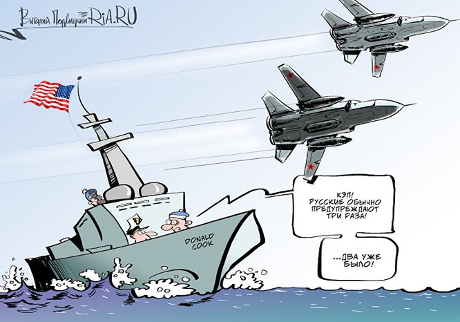 Biếm hoạ của báo chí Nga về vụ cặp Su-24 Nga bay áp sát tàu chiến Mỹ.
