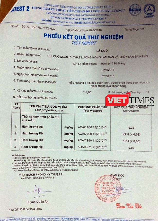 Phiếu kiểm nghiệm mẫu cá, cơ sở kết luận