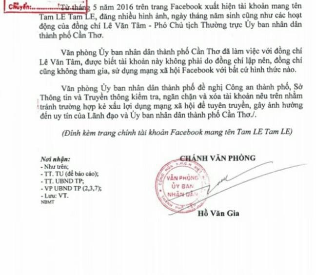 Ông Lê Văn Tâm - Phó Chủ tịch UBND TP Cần Thơ bị lập facebook mạo danh ảnh 1