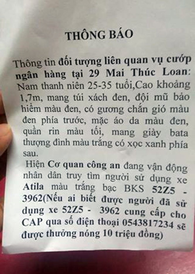 Treo thưởng 10 triệu đồng với ai có thông tin về đối tượng cướp ngân hàng tại Huế ảnh 1