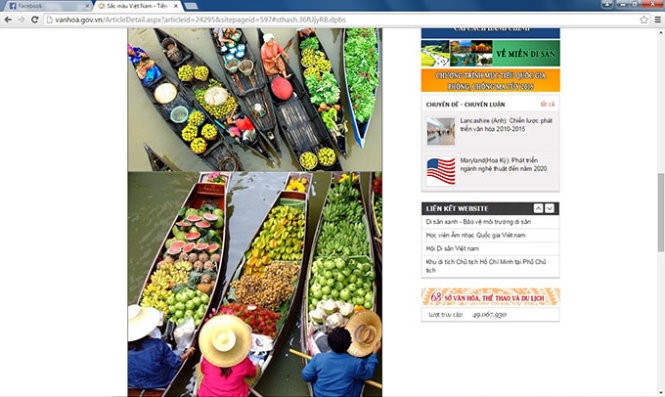 Hình ảnh chợ nổi của Thái Lan được dùng để minh họa cho chợ nổi Cái Bè trên trang web của Bộ VH-TT&DL
