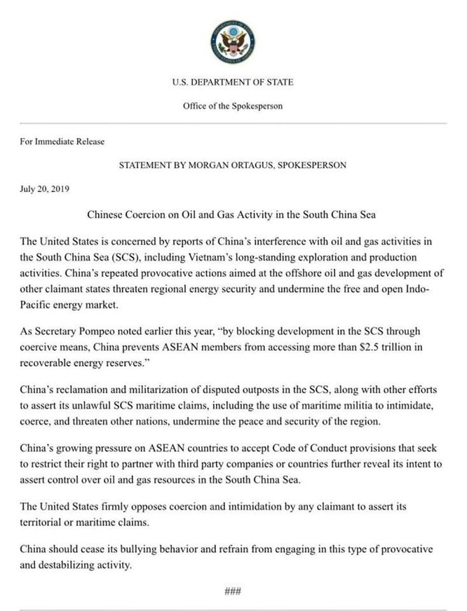 Bộ Ngoại giao Mỹ phê phán Trung Quốc ngăn cản Việt Nam khai thác dầu khí ở Biển Đông, yêu cầu chấm dứt hành vi bá quyền ảnh 2