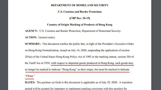 Mỹ buộc tất cả hàng hóa nhập từ Hồng Kông phải ghi xuất xứ “Made in China” ảnh 1