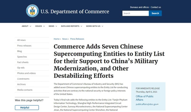 Bộ Thương mại Mỹ trừng phạt 7 công ty siêu máy tính Trung Quốc vì giúp PLA hiện đại hóa quân đội ảnh 1
