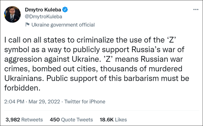 Ngoại trưởng Ukraine: Sử dụng chữ “Z” đồng nghĩa với phạm tội ác và ủng hộ Nga ảnh 3