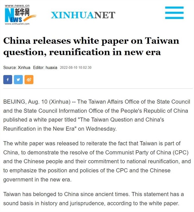 Sách trắng Trung Quốc về Đài Loan: chọn thống nhất hòa bình nhưng không từ bỏ thống nhất bằng vũ lực ảnh 2