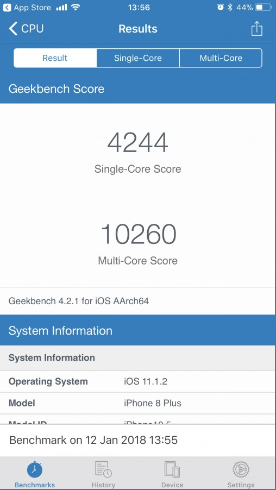 Điểm Geekbench của iPhone 8 trên phiên bản iOS 11.1.2. Nguồn: GSMArena