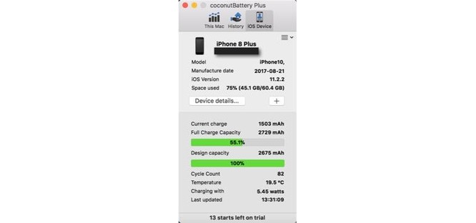Kết quả kiểm tra dung lượng thật của pin iPhone 8 sau 4 tháng sử dụng với CoconutBattery trên iOS