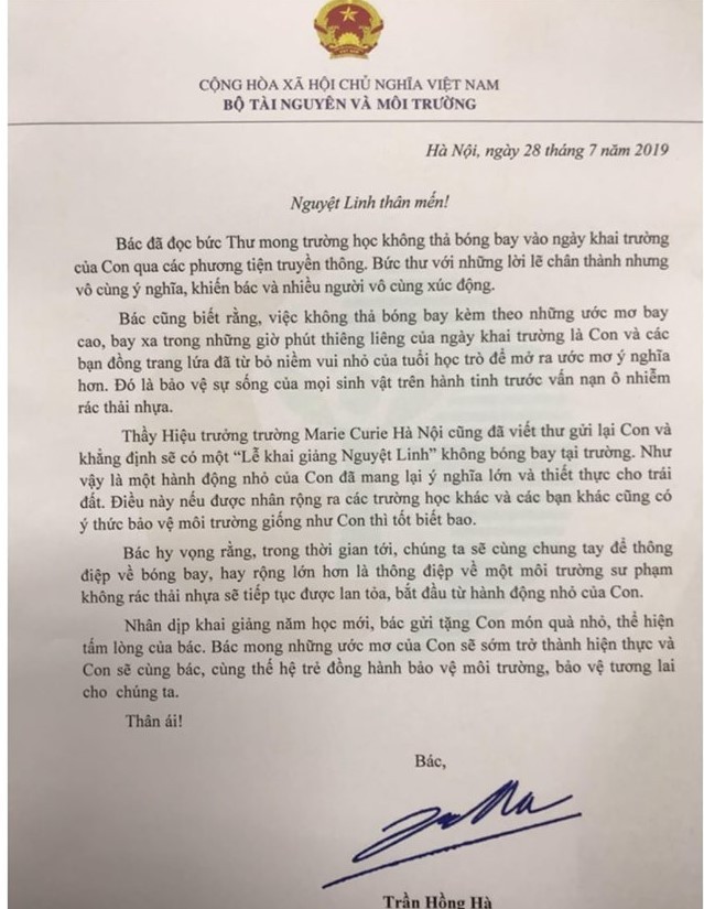 Bức thư của Bộ trưởng Bộ Tài Nguyên và Môi trường