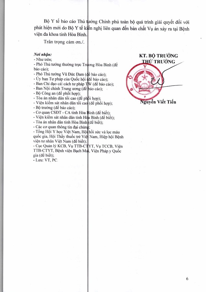 Thứ trưởng Bộ Y tế Nguyễn Viết Tiến ký văn bản báo cáo Thủ tướng Công văn Bộ Y tế báo cáo Thủ tướng Chính phủ về quá trình giải quyết tình tiết mới trong vụ án chạy thận tại Hòa Bình