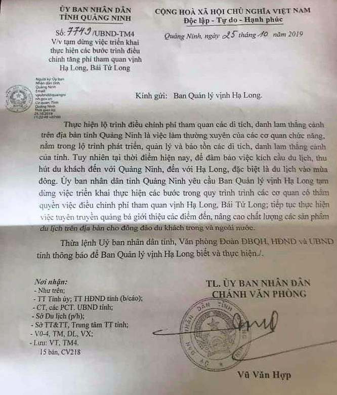 Văn bản của UBND tỉnh Quảng Ninh yêu cầu BQL vịnh Hạ Long tạm dừng tăng phí