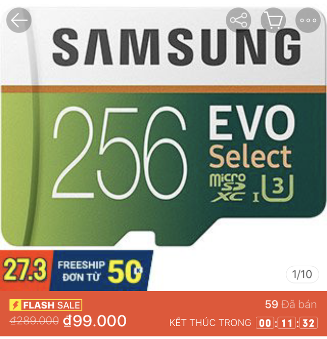 Một chiếc thẻ nhớ Samsung 256GB được Shopee Flash sale, thu hút được hàng chục lượt mua chỉ trong vòng chưa đầy 2 tiếng.